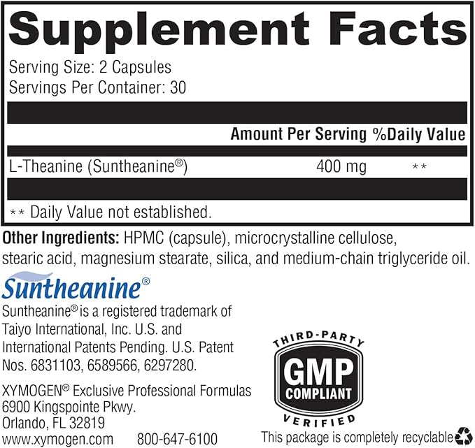 XYMOGEN L-Theanine - Patented Suntheanine L theanine 400mg Per Serving - Amino Acid Supplement to Support Calm + Relaxation Without Drowsiness, Liver Health (60 Capsules)