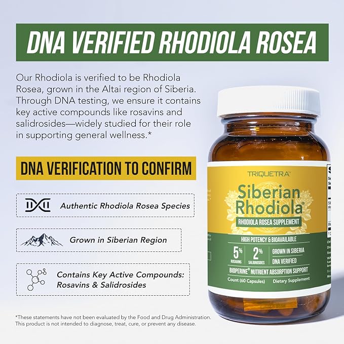 Max Strength Siberian Rhodiola®: Rhodiola Rosea 5% Rosavins, 2% Salidroside & BioPerine® for Enhanced Absorption – Helps Support Stress, Energy & Focus* – Grown in Siberia, DNA Verified (60 Capsules)