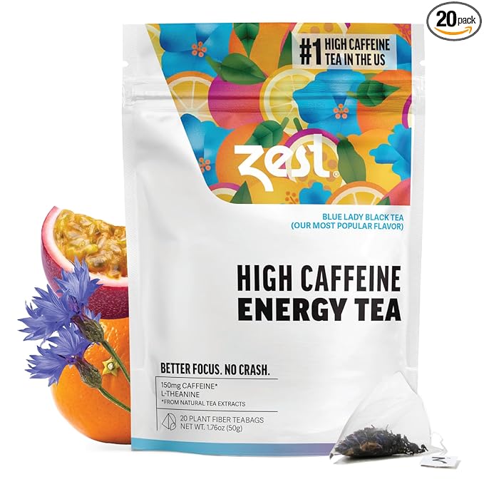 Zest Energy Tea - Blue Lady - High Caffeine Passion Fruit Black Tea Bags - Caffeinated Coffee Altnernative/Substitute - Natural, Non-GMO & Keto Friendly - Hot or Iced - 20Ct Pack - 150mg Caf