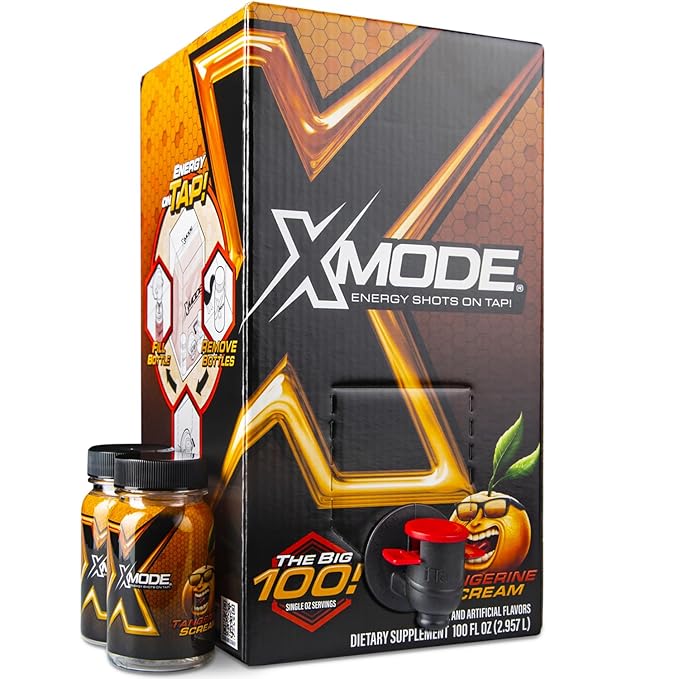 XMODE Energy Shots on Tap (Tangerine Scream Flavor) – 100 Serving Dispenser with Refillable Bottles for On-Demand Energy at 150mg Caffeine Per Oz