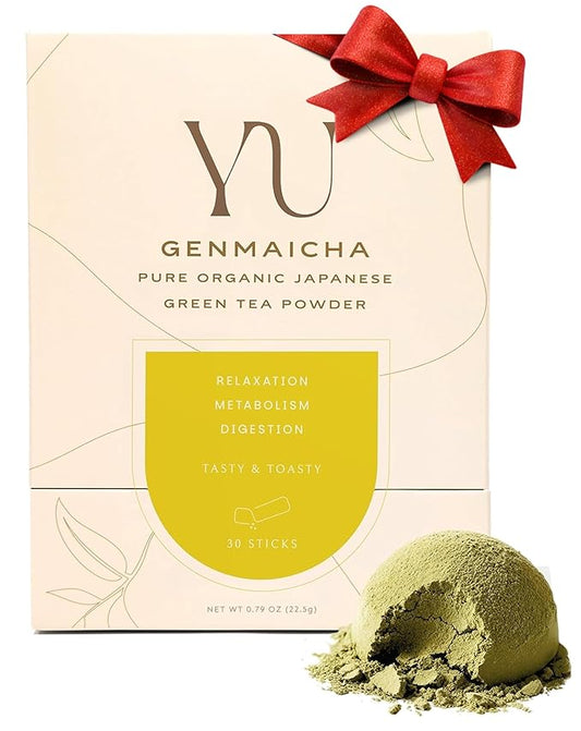 Yu Tea Organic Genmaicha Green Tea Powder, 30 Instant Packets | Japanese Green Tea & Roasted Brown Rice | Low Caffeine & Unsweetened | Relaxation, Antioxidants & Digestion | Single Serve Sticks