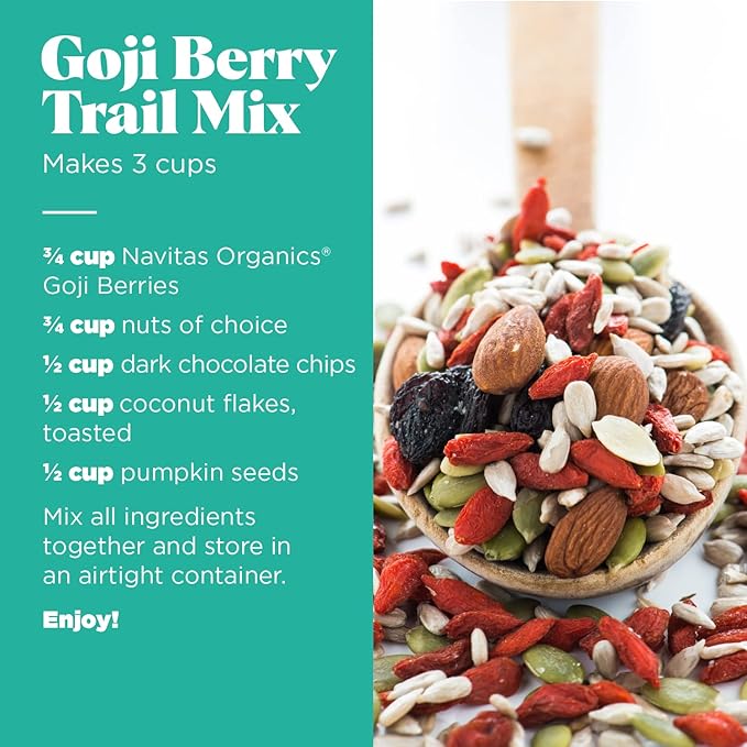 Navitas Organics Goji Berries – For Smoothies, Trail Mix, Baked Goods, Oatmeal & More – Vitamin A, Antioxidants, Fiber – Wolfberry - USDA Organic, Non GMO, Gluten Free, Vegan (8oz. Bag, 8 Servings)
