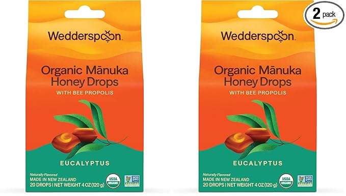Wedderspoon Organic Manuka Honey Drops, Eucalyptus & Bee Propolis, 20 Count (4oz) (Pack of 2)| Genuine New Zealand Honey | Perfect Remedy for Dry Throats