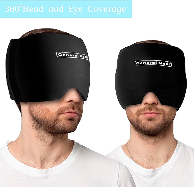 General Medi Headache & Migraine Ice Wrap Cap, Cold Therapy Migraine Relief Hat, Headache Ice Hat Cold Compress, Great for Puffy Eyes, Tension, Sinus & Stress Relief (Black)