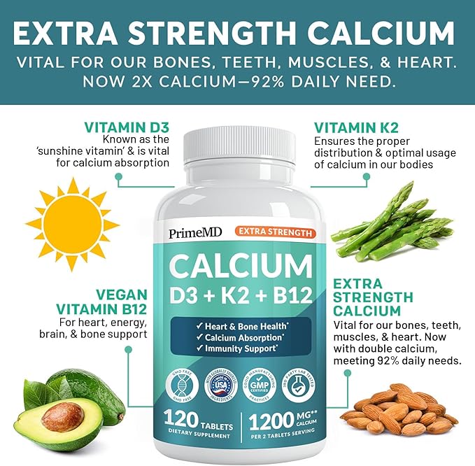 4-in-1 Calcium 1200 mg With Vitamin D3 Supplements for Women and Men - Calcium Extra Strength with Vitamin D3 K2 5000 IU Supplement,1200 mg per serving -Free - Vegan-Friendly (120 count) (Pack of 1)