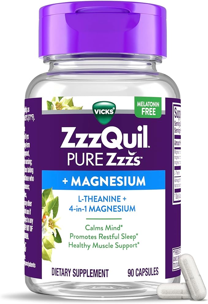 ZzzQuil Pure Zzzs, +Magnesium Capsules, L-Theanine and Magnesium, Sleep Aid, 4-in-1 Magnesium: Citrate, Bisglycinate, Oxide, and Carbonate, Sleep Aids for Adults, 90 Sleep Capsules