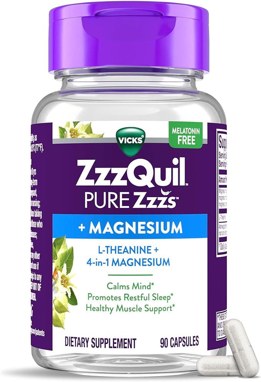 ZzzQuil Pure Zzzs, +Magnesium Capsules, L-Theanine and Magnesium, Sleep Aid, 4-in-1 Magnesium: Citrate, Bisglycinate, Oxide, and Carbonate, Sleep Aids for Adults, 90 Sleep Capsules