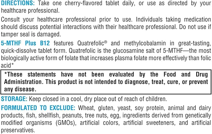 XYMOGEN 5-MTHF Plus B12 - Biologically Active L Methylfolate Supplement - Support Methylation & Nervous System Health - Great-Tasting Cherry Flavor (30 Quick-Dissolve Tablets)