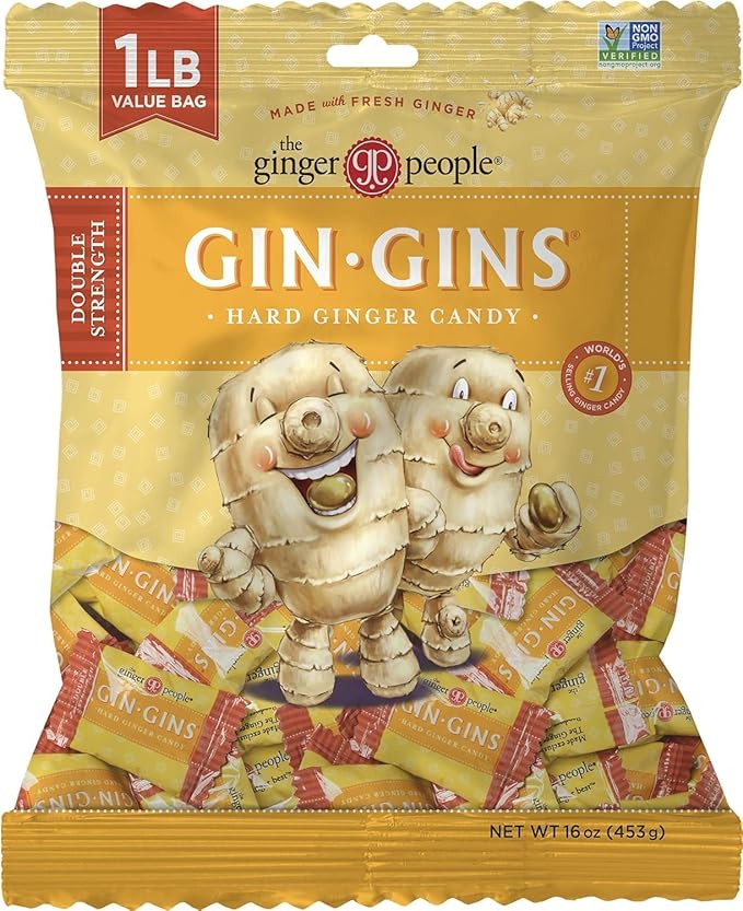GIN GINS Double Strength Ginger Hard Candy – Natural Ginger Candy by The Ginger People – Individually Wrapped Healthy Candy – Double Strength Flavor – Large 1 lb Bag (16oz) – Pack of 2