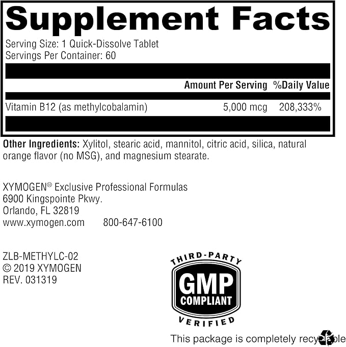 XYMOGEN Methylcobalamin 5,000 mcg - Vitamin B12 Supplement in Small, Pleasant-Tasting Tablets - Supports Healthy Methylation, Neurological Health, a Healthy Immune System (60 Tablets)