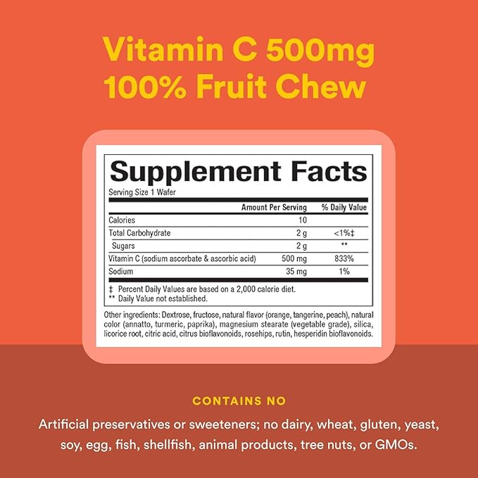 Natural Factors, Vitamin C 500 mg, Kids Chewable to Support Healthy Bones and Teeth, Tangy Orange, Vegan, Non-GMO, 90 wafers (90 servings)