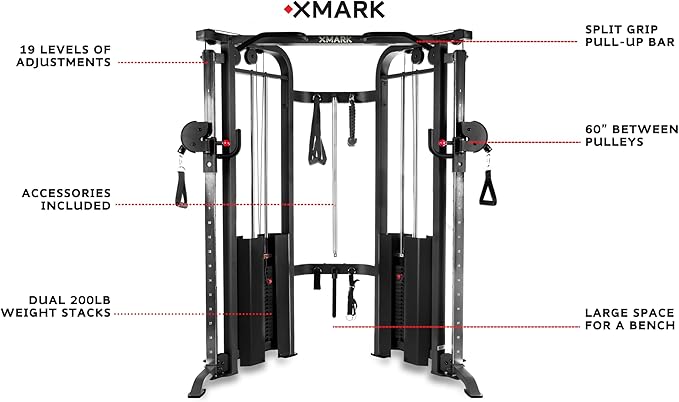 XMARK Functional Trainer with Dual Weight Stacks, All-in-One Cable Machine & Crossover for Full Body Strength Training at Home or Garage Gym