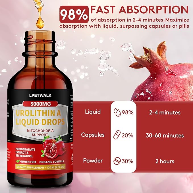 4 Fl Oz Urolithin A Liquid Drops with Pomegranate Extract - Urolithin a Supplement - Big Capacity (120ml)