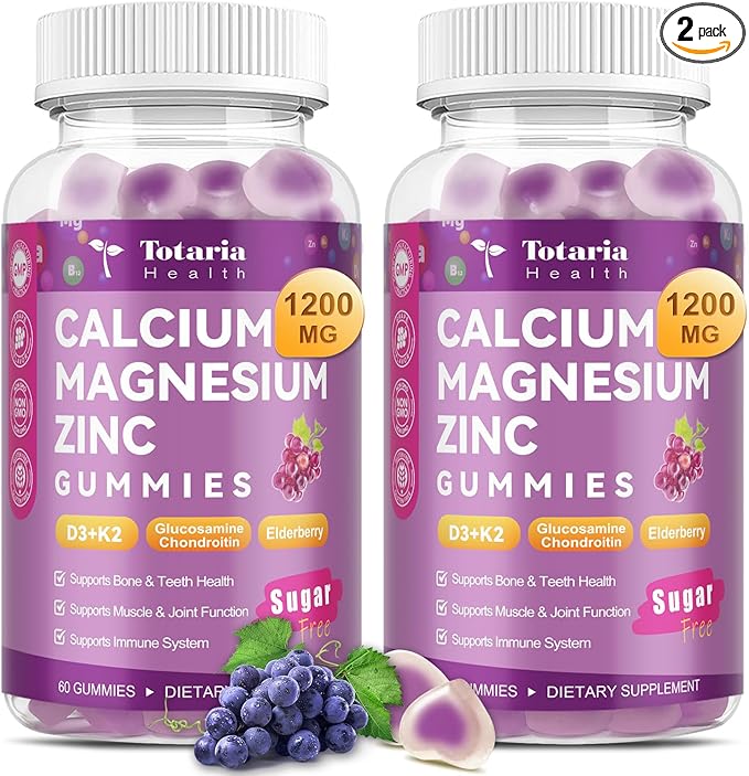 2 PCS Sugar Free Calcium Magnesium Zinc Gummies for Women Men, 19-in-1 Ultimate Absorption Calcium 1200 mg with Vitamin D3 K2 w/Boron, B12, Ashwagandha, for Bone, Teeth, Immune, Joint, Calm, Vegan