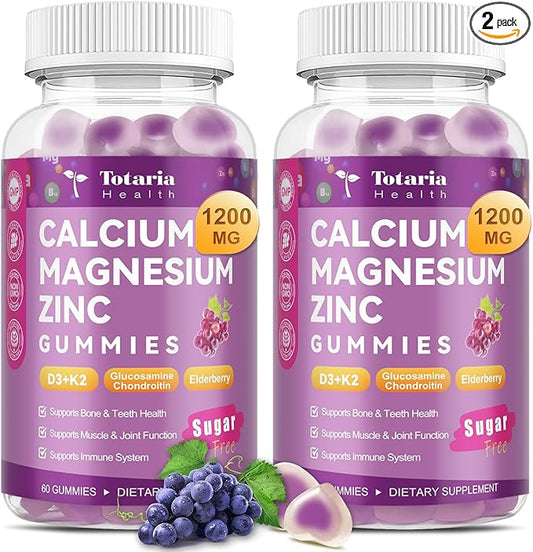 2 PCS Sugar Free Calcium Magnesium Zinc Gummies for Women Men, 19-in-1 Ultimate Absorption Calcium 1200 mg with Vitamin D3 K2 w/Boron, B12, Ashwagandha, for Bone, Teeth, Immune, Joint, Calm, Vegan