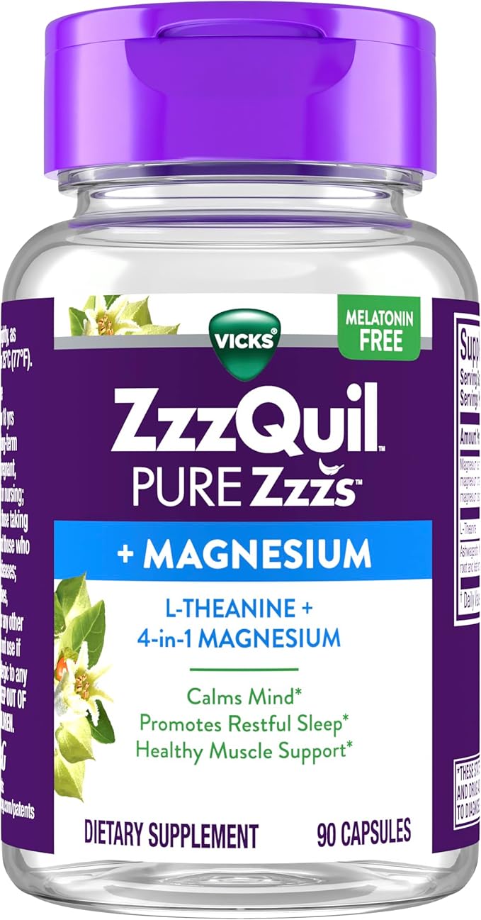 ZzzQuil Pure Zzzs, +Magnesium Capsules, L-Theanine and Magnesium, Sleep Aid, 4-in-1 Magnesium: Citrate, Bisglycinate, Oxide, and Carbonate, Sleep Aids for Adults, 90 Sleep Capsules