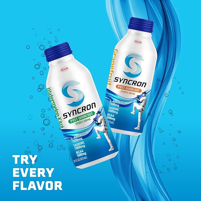 Syncron Post Workout Electrolyte Drink Endorsed by Shohei Ohtani, No Sugar, Aspartame or Artificial Sweeteners, Made with Real Fruit Juice, Taurine, L Arginine & BCAAs, Watermelon Kiwi, 6 Pack, 16 oz