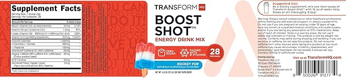 TransformHQ Energy & Focus Powder (Rocket Pop) - Boost Shot Clean Energy Drink Mix - Sugar Free - Non-GMO, Gluten-Free - 28 Servings