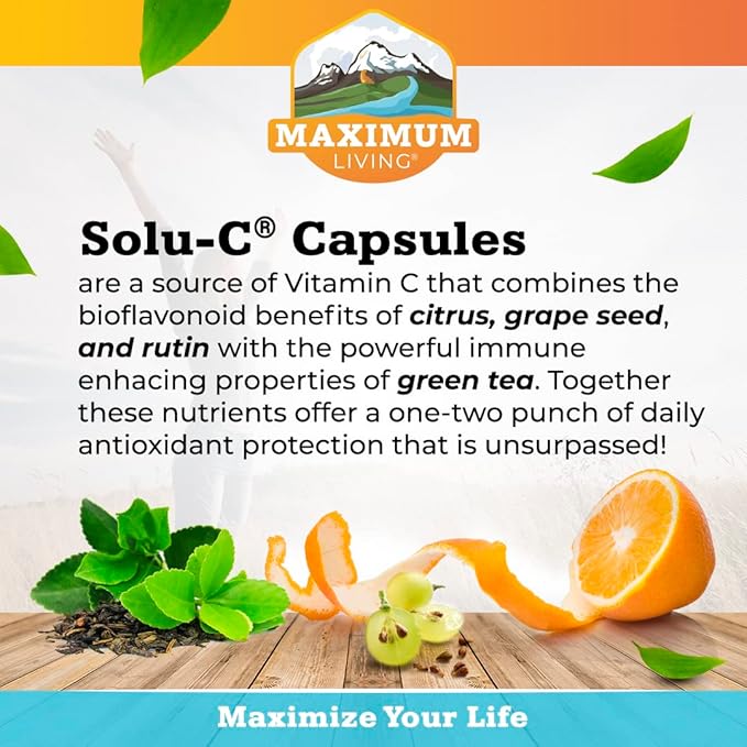 Maximum Living Solu-C with Green Tea - Vitamin C with Bioflavonoids and Rutin - Immune Support -120 Capsules