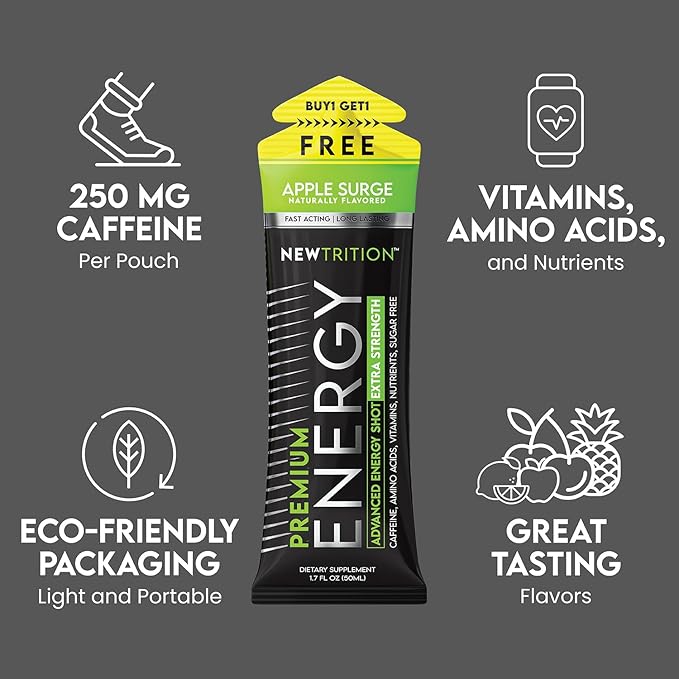 NewTrition® Extra Strength Energy Shots 1.7 fl oz - 250mg Caffeine with B Vitamins & Amino Acids, Sugar-Free Zero Calorie Vitamin Energy Drink for Focus & Endurance (Pack of 12, 4 Flavors - Mixed 2)