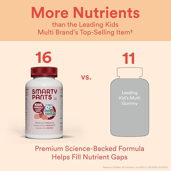 SmartyPants Kids Multivitamin Gummies: Omega 3 Fish Oil (EPA/DHA), Vitamin D3, C, Vitamin B12, B6, A, K & Zinc for Immune Support, Biotin, Grape, Cherry & Berry Flavors, 120 Count (30 Day Supply)