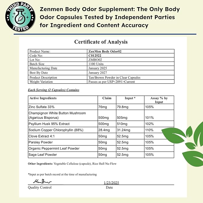 Zenmen Naturally Body Deodorizing Supplement - Body Odor Eliminator Pills - Internal Deodorant for Underarms, Intimate Areas, and Private Parts - 60 Vegan Capsules. Made in The USA