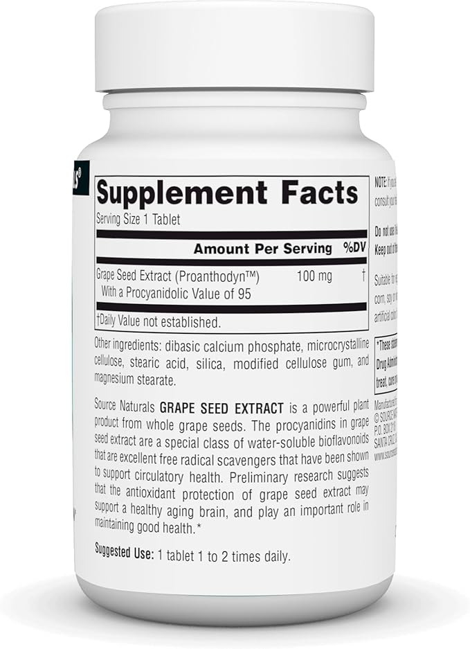 Source Naturals Grape Seed Extract, Proanthodyn 100 mg Antioxidant Protection & Supports Healthy Aging Brain - 120 Tablets