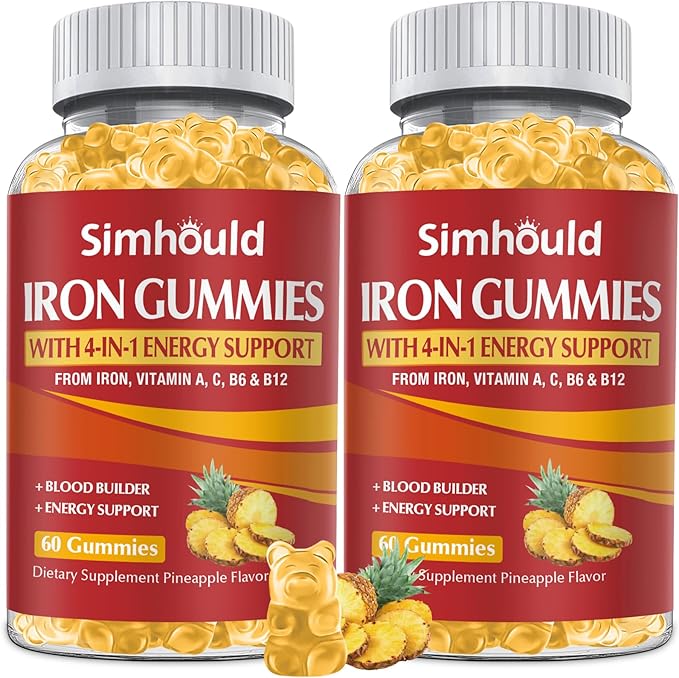 2 Pack Vegan 80MG Iron Supplement Gummies for Women & Men - Vitamin A, C, B for Adults & Kids - Blood & Builder & Energy Support for Iron Deficiency, Anemia, 120 Counts Pineapple Flavor Gummies