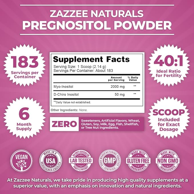 Zazzee PREGNOSITOL Powder, 6 Month Supply, Myo-Inositol and D-Chiro-Inositol 40:1 Fertility Blend, Free Scoop for Exact Dosage, Premium Balanced Formula, 183 Servings, Vegan, All-Natural and Non-GMO