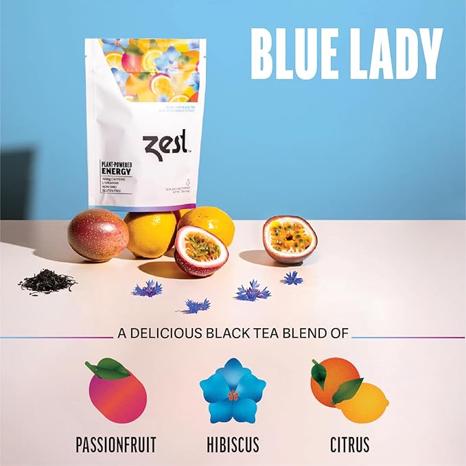 Zest Energy Tea - Blue Lady - High Caffeine Passion Fruit Black Tea Bags - Caffeinated Coffee Altnernative/Substitute - Natural, Non-GMO & Keto Friendly - Hot or Iced - 20Ct Pack - 150mg Caf
