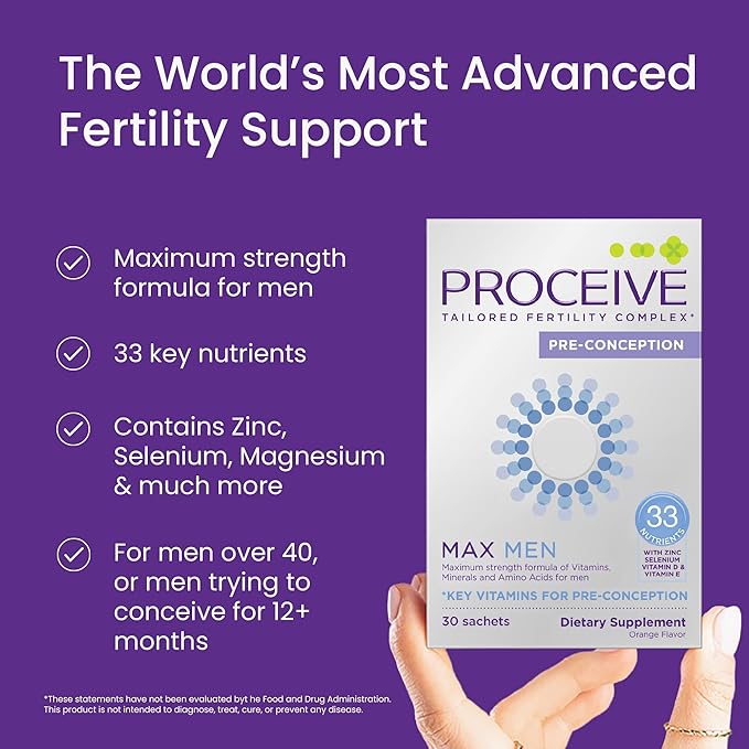 Proceive Max Tailored Fertility Supplement for Men, Pre Conception Vitamins, Minerals, and Amino Acids with Vitamin D, Zinc, Selenium, and Vitamin E, 30 Vegan Drink Mix Packets, Orange Flavor
