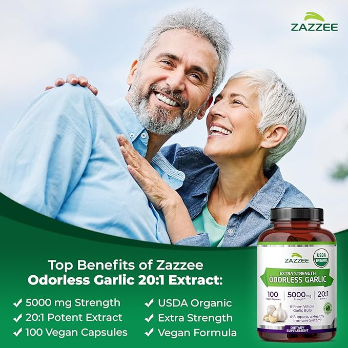 Zazzee USDA Organic Odorless Garlic 20:1 Extract, 5000 mg Strength, 100 Vegan Capsules, 3+ Month Supply, Standardized, Concentrated 20X Extract, 100% Vegetarian, All-Natural, Non-GMO, Made in The USA
