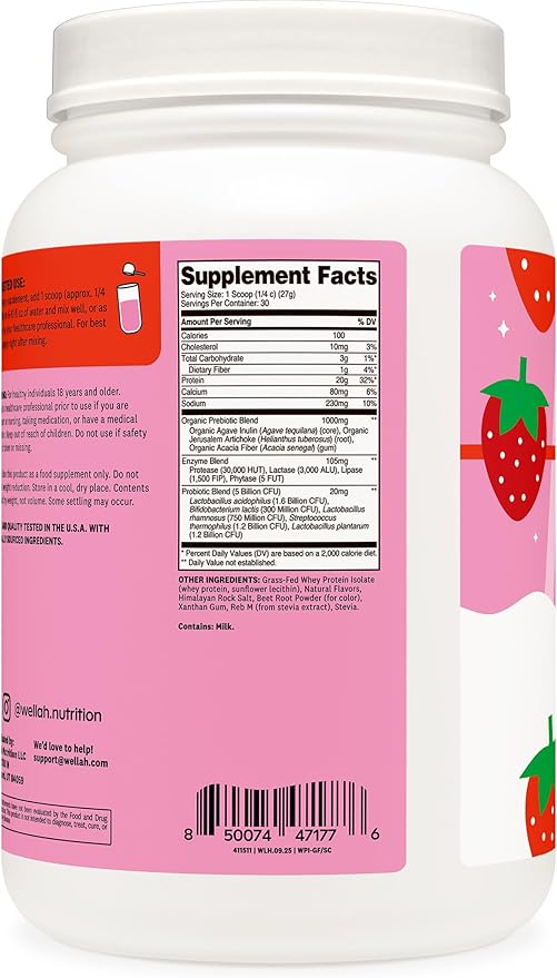 Wellah Grass-Fed Whey Protein Isolate Powder (Strawberries and Cream) 30 Servings - with Prebiotics, Enzymes & Probiotics, 20g of Protein, 100 Calories, Naturally Sweetened