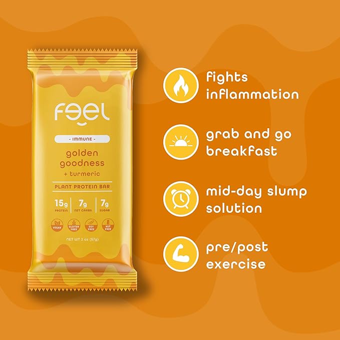Feel Vegan Protein Bars | Golden Goodness | Keto | Gluten Free | Organic | Turmeric | 15g Protein | Low Carb | Dairy Free | Grain Free | Nut Free | Soy Free | Non GMO - 10 Pack