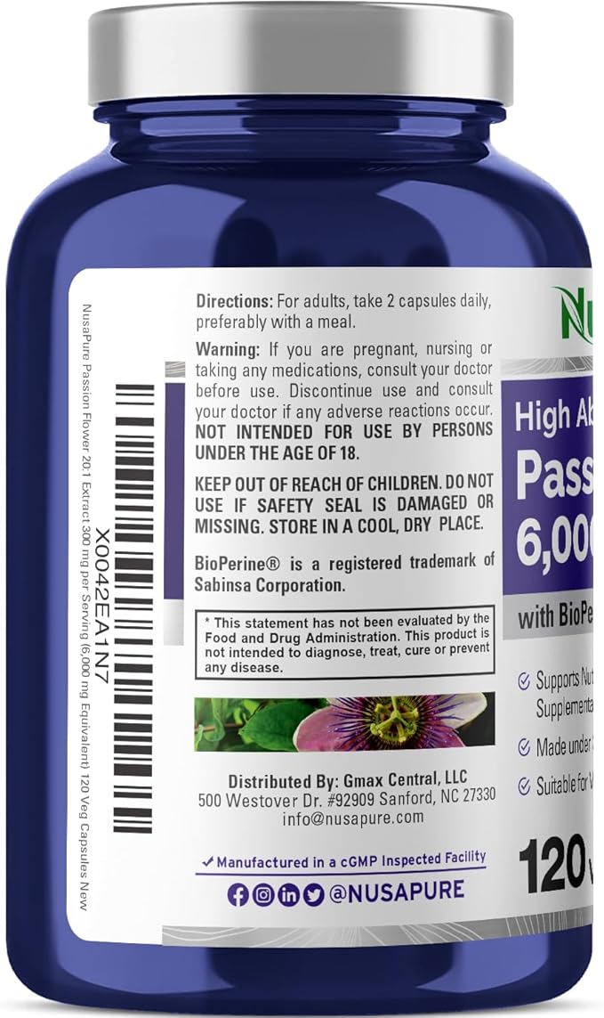 NusaPure Passion Flower 20:1 Extract, 300 mg Equivalent to 6,000mg, 120 Veggie Caps, Non-GMO, Bioperine, Extract Supplement