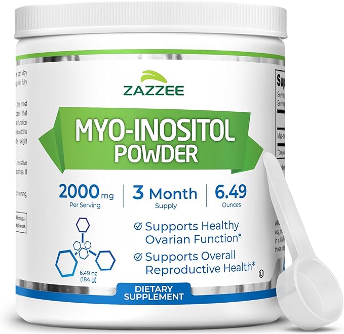 Zazzee Myo-Inositol Powder, 3 Month Supply, 92 Servings, 2000 mg per Serving, Free Scoop for Exact Dosage, 6.49 Ounces, 100% Pure, All-Natural Fertility and Reproductive Support, Vegan, Non-GMO