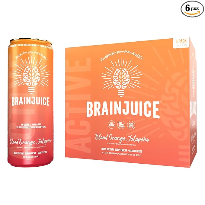 Brainjuice Brain Health Support Drink for Energy & Focus, Vitamin C, B5, B6 & B12, L Theanine, Alpha GPC, CoQ10 & Green Tea Caffeine, Gluten Free, Vegan, Blood Orange Jalapeno, 12 Oz Can, 6 Pack