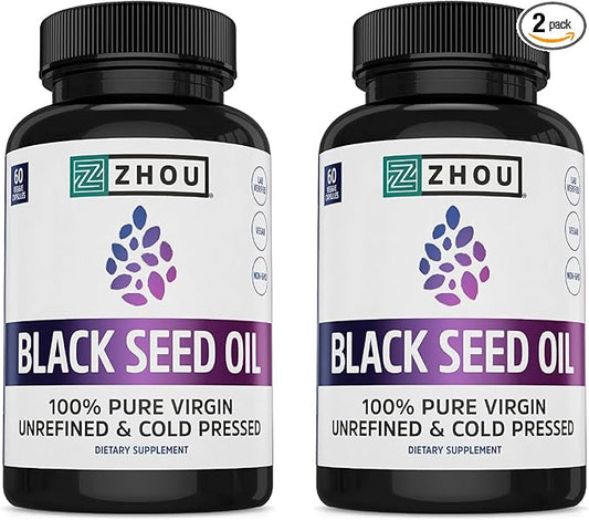 ZHOU Black Seed Oil Capsules - Black Cumin Seed Oil Cold Pressed, Nigella Sativa, Pure Unrefined Blackseed, Premium Supplement for Health, Hair & Skin w/Thymoquinone - 60 Capsules (Pack of 2)