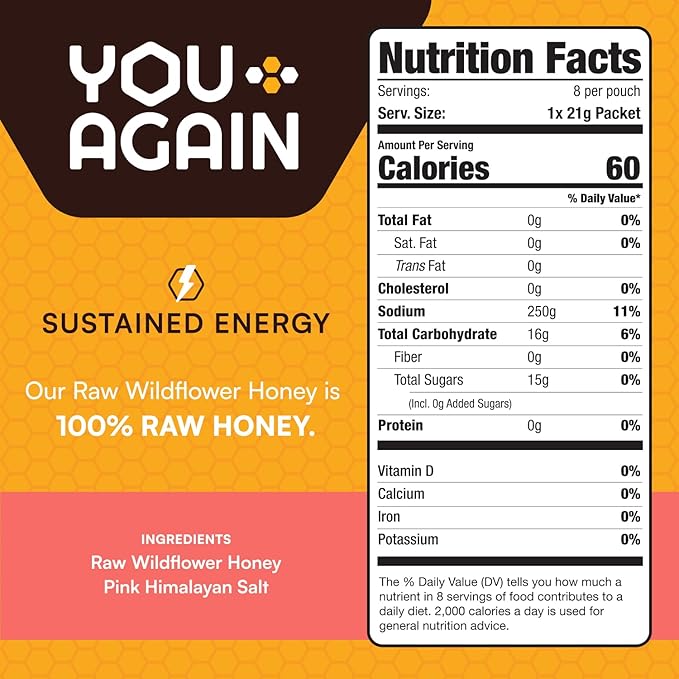 You Again Super Honey Clean Energy Gel, Variety Himalayan Salt & Salted Cacao | Electrolyte Replenishment Running Fuel | Endurance Workouts & Cycling Gel | Paleo & Carnivore Snack | USA Made | 16-Pk