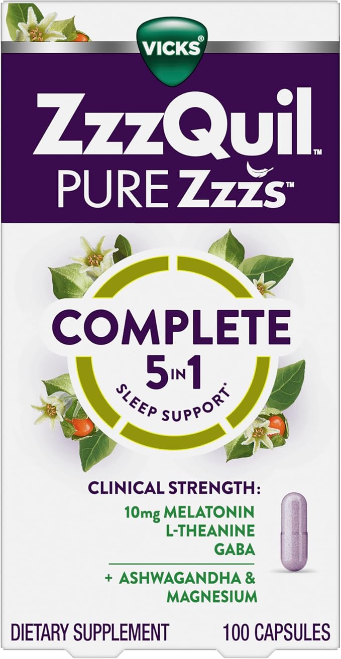 ZzzQuil Pure Zzzs Complete Sleep, Melatonin 10mg, L-Theanine, GABA, with Ashwagandha, and Magnesium, Melatonin Sleep Aid, 100 Count