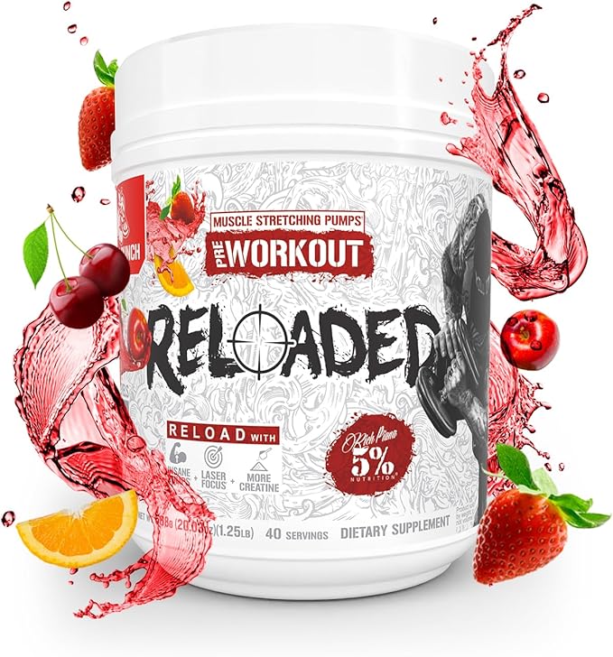 5% Nutrition Rich Piana Reloaded High Stim Pre-Workout | Ultra Energy, Focus, Pumps, Power & Endurance | Citrulline, GlycerSize, Nitrosigine, Creatine, Choline, Huperzine A (Fruit Punch)