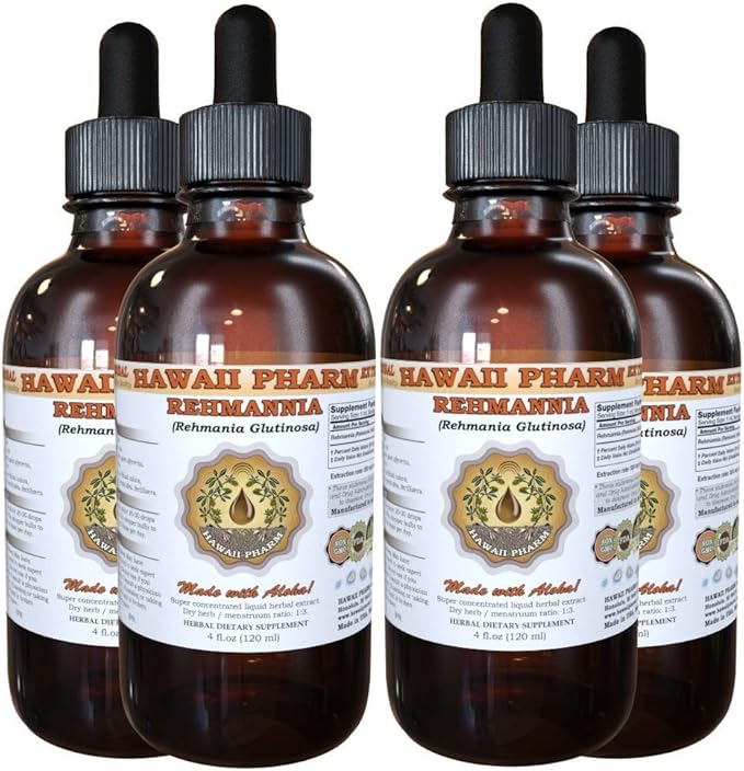 Rehmannia Liquid Extract, Organic Rehmannia (Rehmania Glutinosa) Tincture, Herbal Supplement, Hawaii Pharm, Made in USA, 4x4 fl.oz