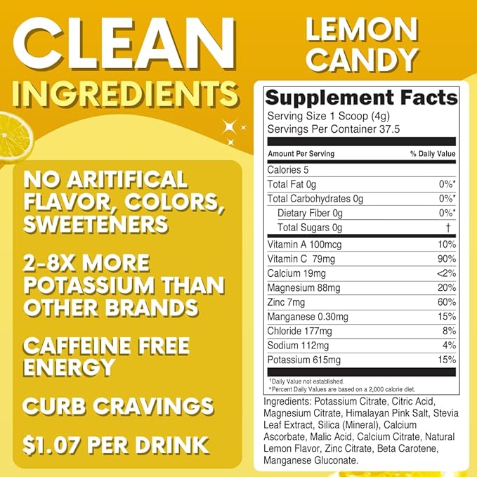 Zero Sugar - Lemon Candy Electrolytes Powder - Refreshing Hydration - Caffeine Free Energy with All Natural Ingredients - Vegan, Keto & Paleo - Sugar Free Electrolytes Powder Drink Mix - 37 Servings