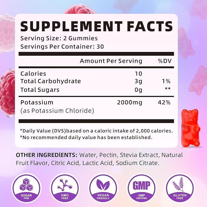 Potassium Gummies for Women & Men, High Dose 2000mg Potassium Chloride Supplement Gummies for Leg Cramps & Electrolyte Balance, Vegan/Sugar-Free/Gluten Free, Raspberry Flavor 120 Count