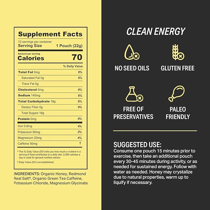 HNY+ Buzz Organic Honey Energy Gel with Electrolytes, Magnesium, Sea Salt, Potassium & Green Tea Caffeine, Gluten Free & Vegan, Workout Gels, for Gym, Running & Hiking, 50mg Caffeine, 12 Pack