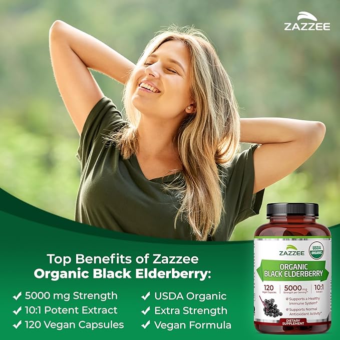 Zazzee USDA Organic Black Elderberry 10:1 Extract, 5000 mg Strength, 120 Vegan Capsules, 2 Month Supply, Standardized, Concentrated 10X Extract, 100% Vegetarian, All-Natural, Non-GMO, Made in The USA