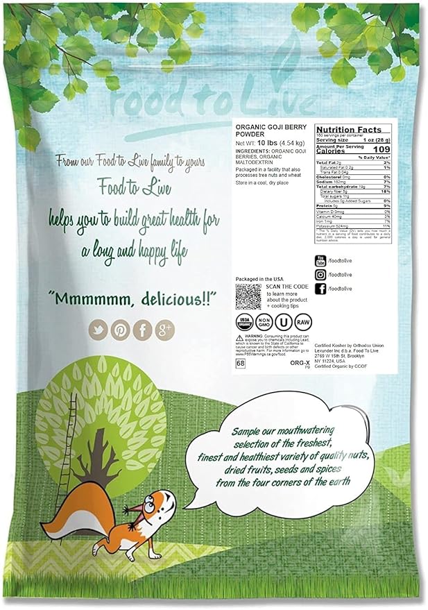 Food to Live - Organic Goji Berry Powder, 10 Pounds - Non-GMO, Kosher, Raw, Vegan, Bulk, Contains Maltodextrin