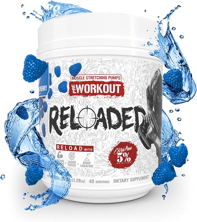 5% Nutrition Rich Piana Reloaded High Stim Pre-Workout | Ultra Energy, Focus, Pumps, Power & Endurance | Citrulline, GlycerSize, Nitrosigine, Creatine, Choline, Huperzine A (Blue Raspberry)