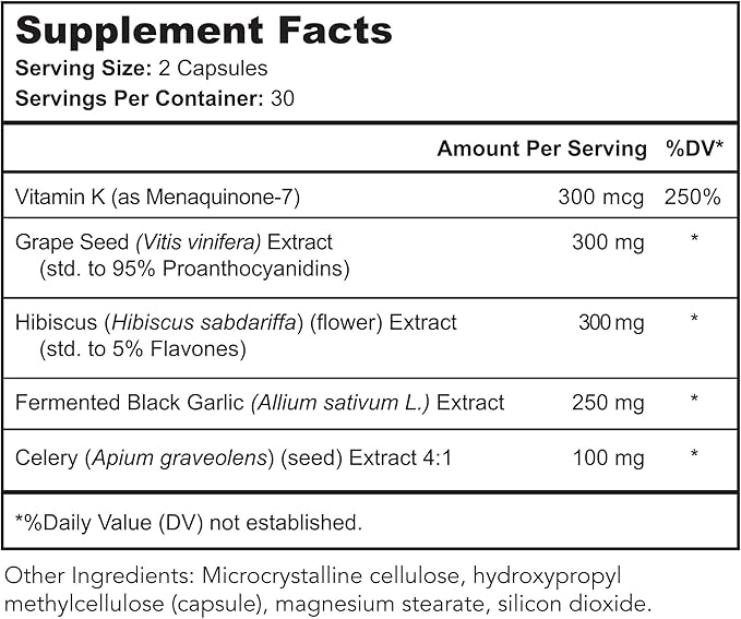 Vaso Calm - Healthy Blood Balance Supplement - Features Fermented Garlic, Celery and Grape Seed Extract, Hibiscus, and Vitamin K2 - Made in The USA, 180 Capsules