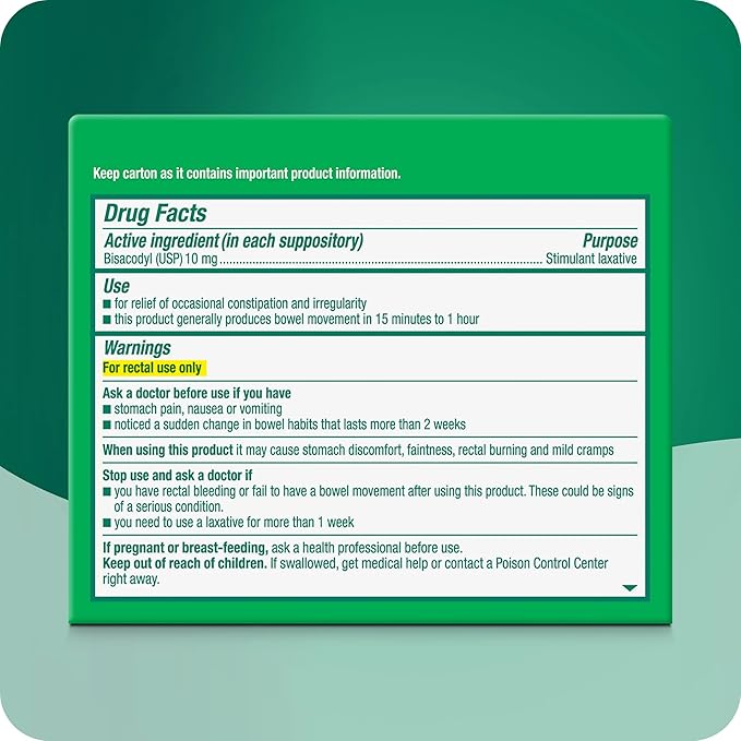 Dulcolax Stimulant Laxative Medicated Suppositories, Predictable & Effective Constipation Relief, Bisacodyl 10 mg, 28 Count, 2 pk